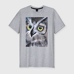 Мужская slim-футболка Взгляд жёлтых глаз лесной совы