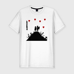 Мужская slim-футболка Banksy Бэнкси мальчик и девочка на горе оружия