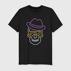 Мужская slim-футболка Череп в шляпе Неон
