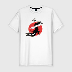 Мужская slim-футболка Чёрный дракон на фоне красного солнца