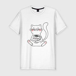 Мужская slim-футболка Белый кот с кофе