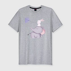 Мужская slim-футболка Милый Слонёнок и Кролик Играют С Воздушным Змеем