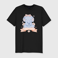 Мужская slim-футболка Милый Слонёнок Сидит С Цветами