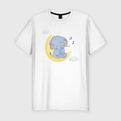 Мужская slim-футболка Милый Слонёнок Сидит На Месяце Играя На Флейте