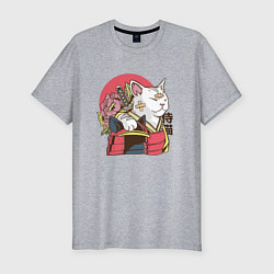 Мужская slim-футболка Котик Самурай Samurai Cat Japanese art