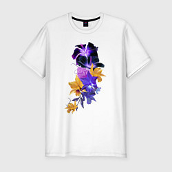 Мужская slim-футболка Цветы Фиолетовые и Оранжевые Гибискусы и Ирисы