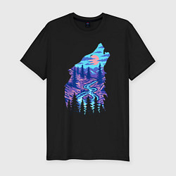 Мужская slim-футболка Красочный пейзаж на волчьей голове
