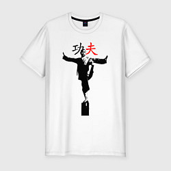 Мужская slim-футболка Кунг-фу монах в стойке на бревне