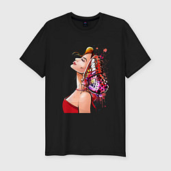 Мужская slim-футболка Девушка в красном и бабочка