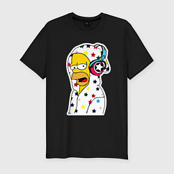 Мужская slim-футболка Гомер Симпсон в звёздном балахоне и в наушниках