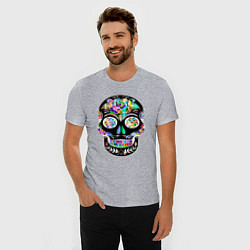 Футболка slim-fit Чёрный мексиканский череп с разноцветными цветами, цвет: меланж — фото 2