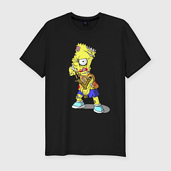 Мужская slim-футболка Барт Симпсон -зомби целится из рогатки
