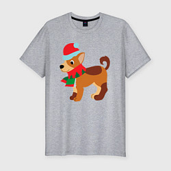 Мужская slim-футболка Праздничная собачка в шапке и шарфике
