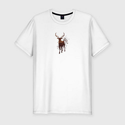 Мужская slim-футболка Осенний лес в силуэте идущего оленя
