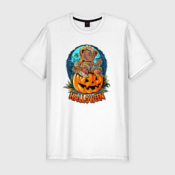 Мужская slim-футболка Halloween - Мишка на тыкве
