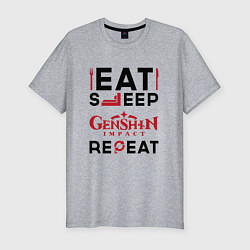 Мужская slim-футболка Надпись: eat sleep Genshin Impact repeat