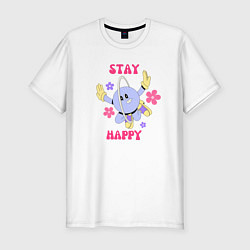 Мужская slim-футболка Stay happy, планета с ромашками