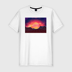 Мужская slim-футболка 3D неоновые горы на закате