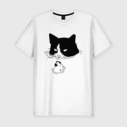 Мужская slim-футболка Кот сидит в воде и сторожит утёнка
