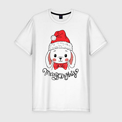 Мужская slim-футболка Merry Christmas, cute rabbit in Santa hat