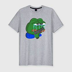 Мужская slim-футболка Лягушонок Пепе в слезах с пистолетом