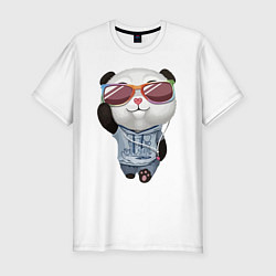 Мужская slim-футболка Прикольный пандёныш в темных очках и наушниках