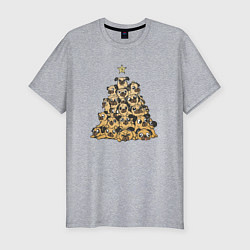 Мужская slim-футболка Новогодняя елка из мопсов