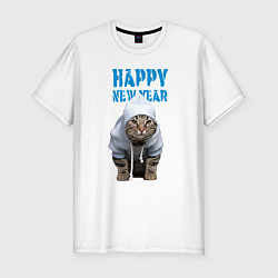 Мужская slim-футболка Happy New Year - Прикольный котик