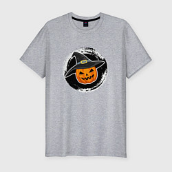 Мужская slim-футболка Мультяшная тыква в шляпе Хэллоуин