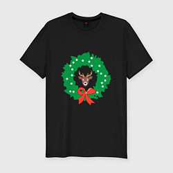 Футболка slim-fit Рождественский венок с оленем, цвет: черный