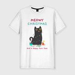 Футболка slim-fit Meowy Christmas and a happy purr year, цвет: белый