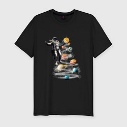 Мужская slim-футболка Космический дед мороз и ёлка из планет