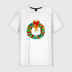 Футболка slim-fit Новогодний мультяшный венок, цвет: белый