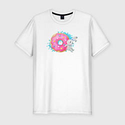 Мужская slim-футболка Серый зайчик розовым пончиком