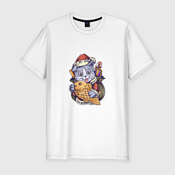Мужская slim-футболка Новогодний котик с рыбкой