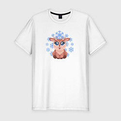 Мужская slim-футболка Милый олененок смотрит на снежинку