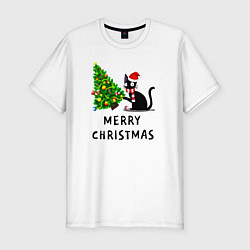 Мужская slim-футболка Кот валит новогоднюю ёлку