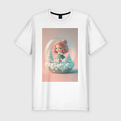 Мужская slim-футболка Милая девочка-куколка с стеклянном Новогоднем шаре