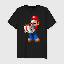 Мужская slim-футболка Марио держит подарок