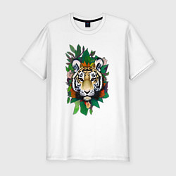 Мужская slim-футболка Голова Тигра среди листьев и цветов, Тигр символ 2