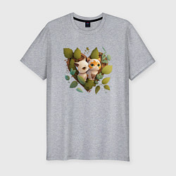 Мужская slim-футболка Котята в листьях и сердце из аниме