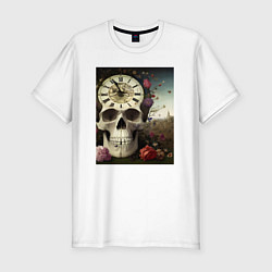 Мужская slim-футболка Помни о смерти- череп, часы, цветы