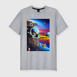 Мужская slim-футболка Иллюзия черепа - неоновый закат - нейросеть -сюрре