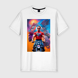 Футболка slim-fit Арнольд Шварценеггер на мотоцикле - нейросеть, цвет: белый