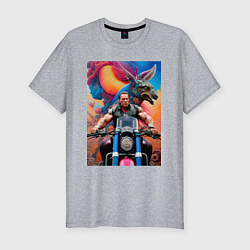 Мужская slim-футболка Арнольд Шварценеггер на мотоцикле - нейросеть