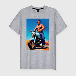 Мужская slim-футболка Arnold Schwarzenegger on a motorcycle -neural netw