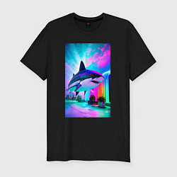 Мужская slim-футболка Неоновая акула - нейросеть