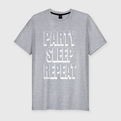 Мужская slim-футболка Party sleep repeat надпись с тенью