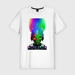 Мужская slim-футболка Aggressive alien - neural network - neon glow