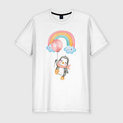Мужская slim-футболка Пингвиненок летит на воздушном шаре